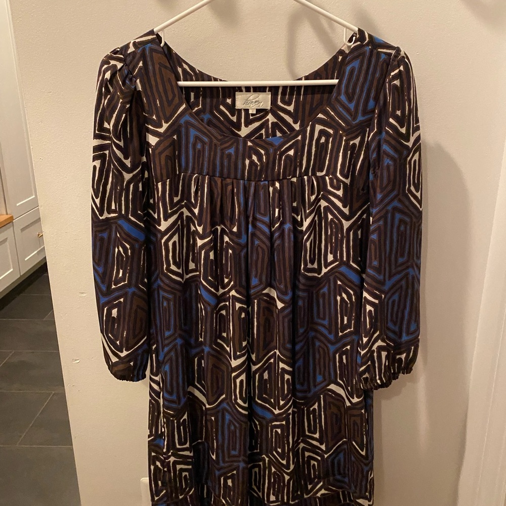 Haven Long Sleeve Silk Dress - Blue and Brown Geometric- Size Small